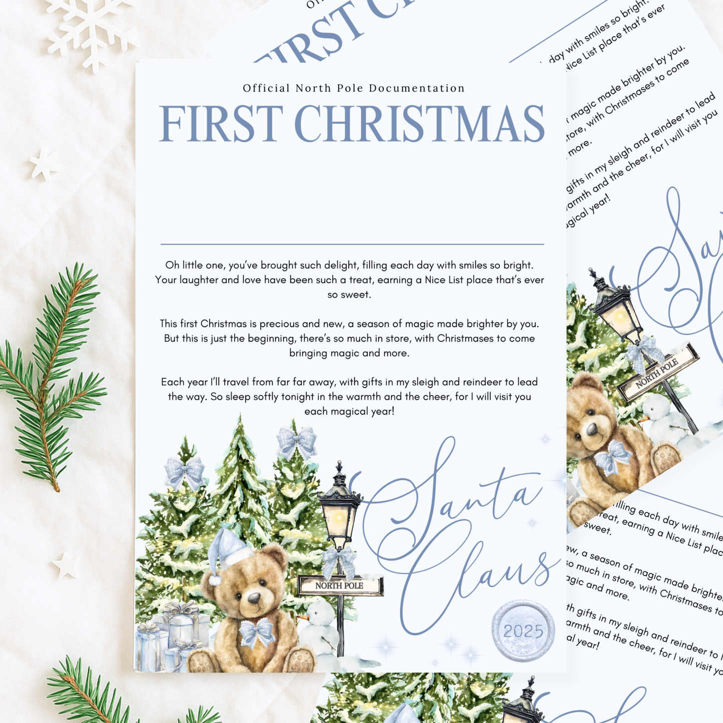 Personalised Santa Letter – Baby’s First Christmas Keepsake Gift with Optional Nice List Certificate & Wax Seal Envelope
Blue Snowy Bear