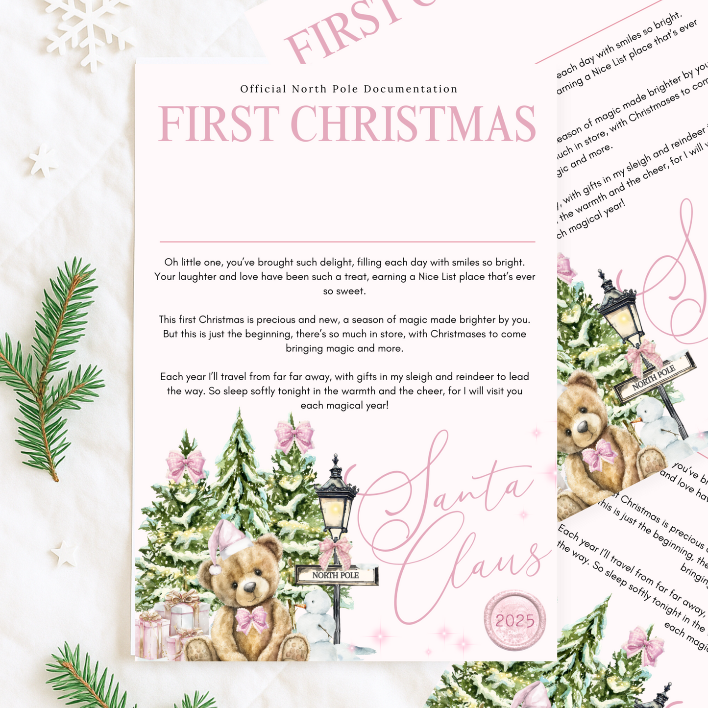 Personalised Santa Letter – Baby’s First Christmas Keepsake Gift with Optional Nice List Certificate & Wax Seal Envelope
Pink Snowy Bear