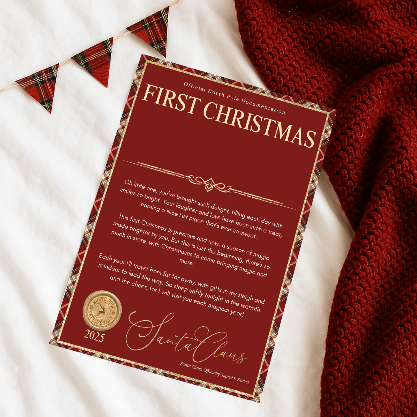 Personalised Santa Letter – Baby’s First Christmas Keepsake Gift with Optional Nice List Certificate & Wax Seal Envelope Tartan