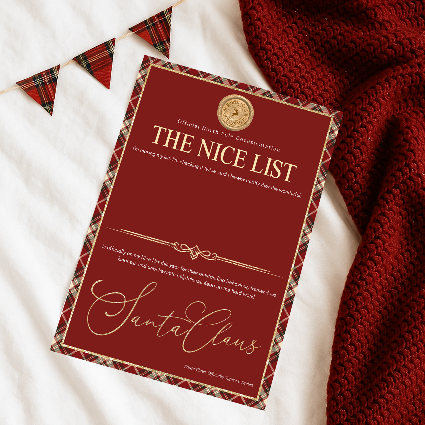 Personalised Santa Letter – Baby’s First Christmas Keepsake Gift with Optional Nice List Certificate & Wax Seal Envelope Tartan
