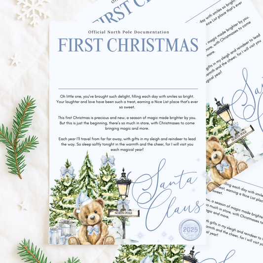 Personalised Santa Letter – Baby’s First Christmas Keepsake Gift with Optional Nice List Certificate & Wax Seal Envelope
Blue Snowy Bear
