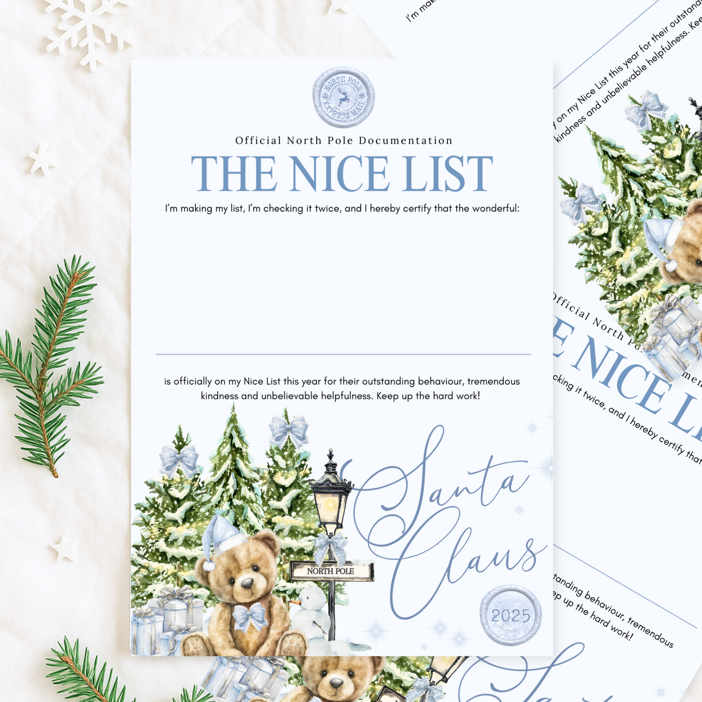 Personalised Santa Letter – Baby’s First Christmas Keepsake Gift with Optional Nice List Certificate & Wax Seal Envelope
Blue Snowy Bear