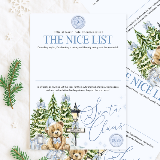 Personalised Santa Letter – Baby’s First Christmas Keepsake Gift with Optional Nice List Certificate & Wax Seal Envelope
Blue Snowy Bear