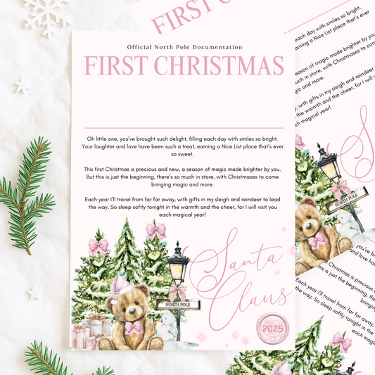 Personalised Santa Letter – Baby’s First Christmas Keepsake Gift with Optional Nice List Certificate & Wax Seal Envelope
Pink Snowy Bear