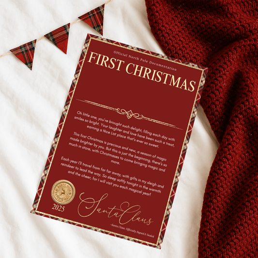 Personalised Santa Letter – Baby’s First Christmas Keepsake Gift with Optional Nice List Certificate & Wax Seal Envelope Tartan