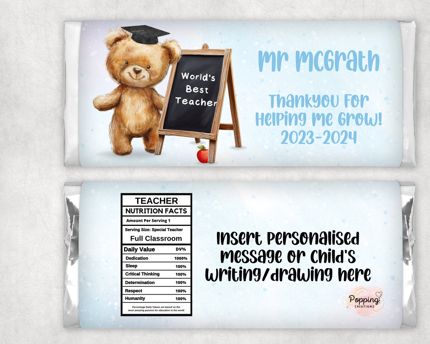 Personalised Chocolate Bar Wrapper - Bear with chalkboard